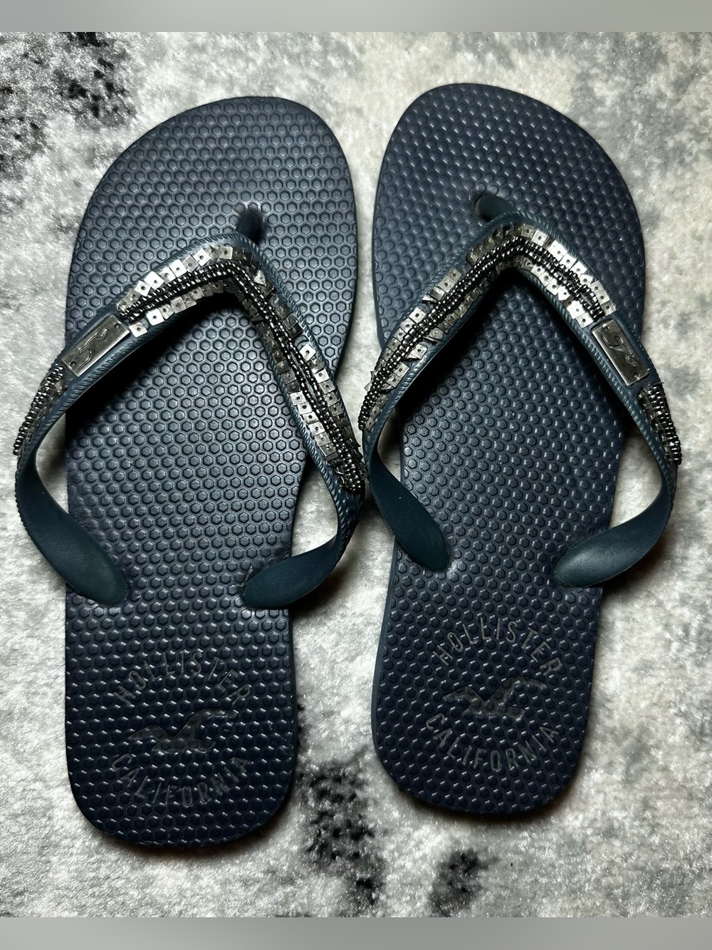 Y2K Hollister Navy Beaded Flip Flops